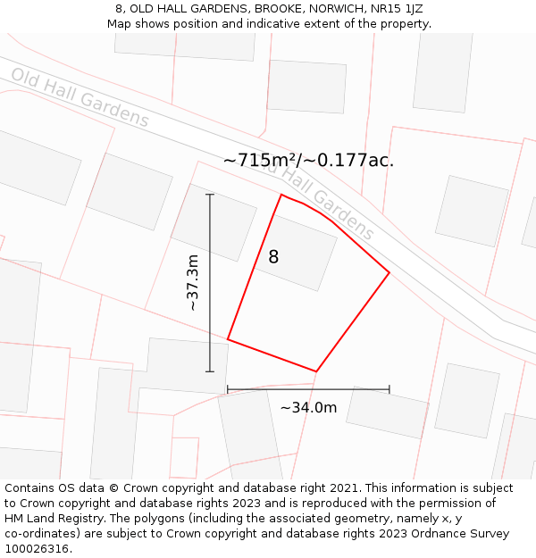 8, OLD HALL GARDENS, BROOKE, NORWICH, NR15 1JZ: Plot and title map