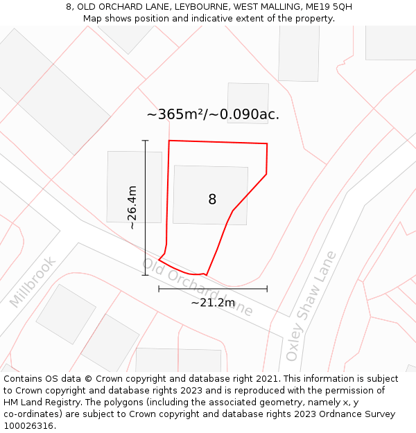 8, OLD ORCHARD LANE, LEYBOURNE, WEST MALLING, ME19 5QH: Plot and title map