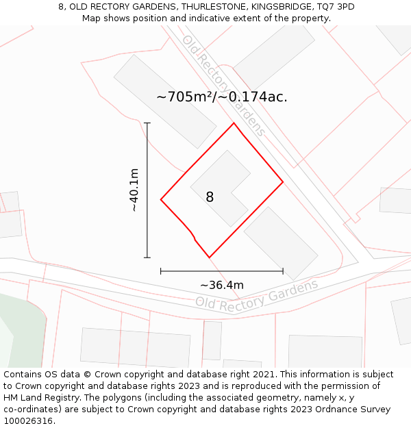 8, OLD RECTORY GARDENS, THURLESTONE, KINGSBRIDGE, TQ7 3PD: Plot and title map