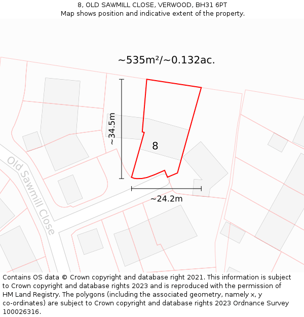 8, OLD SAWMILL CLOSE, VERWOOD, BH31 6PT: Plot and title map