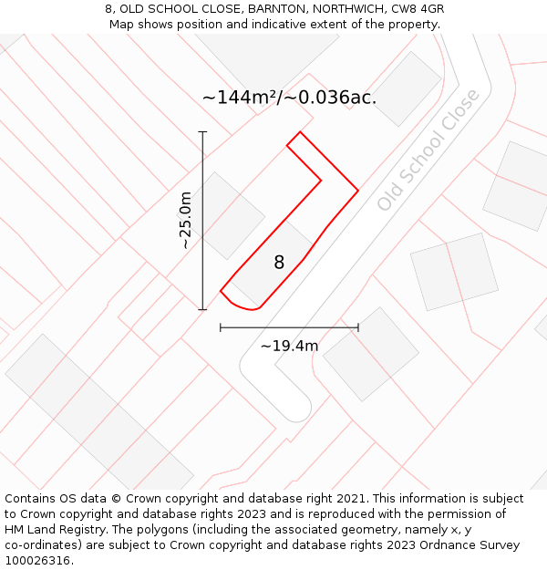 8, OLD SCHOOL CLOSE, BARNTON, NORTHWICH, CW8 4GR: Plot and title map