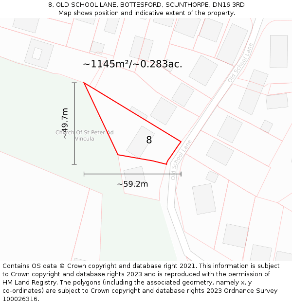 8, OLD SCHOOL LANE, BOTTESFORD, SCUNTHORPE, DN16 3RD: Plot and title map