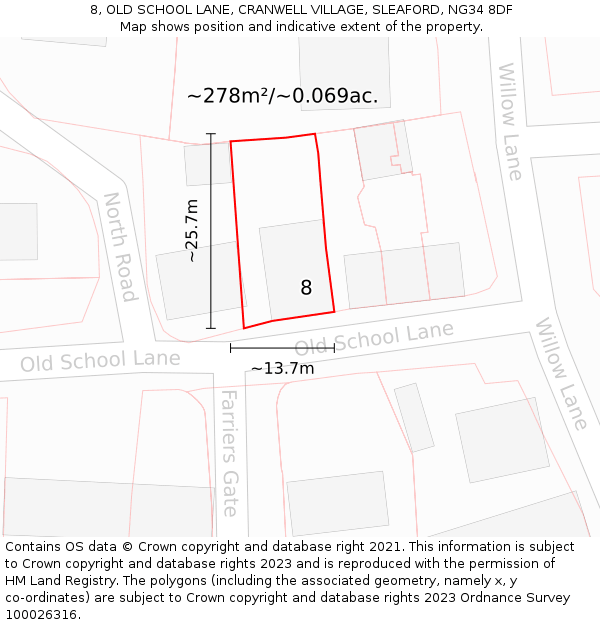 8, OLD SCHOOL LANE, CRANWELL VILLAGE, SLEAFORD, NG34 8DF: Plot and title map