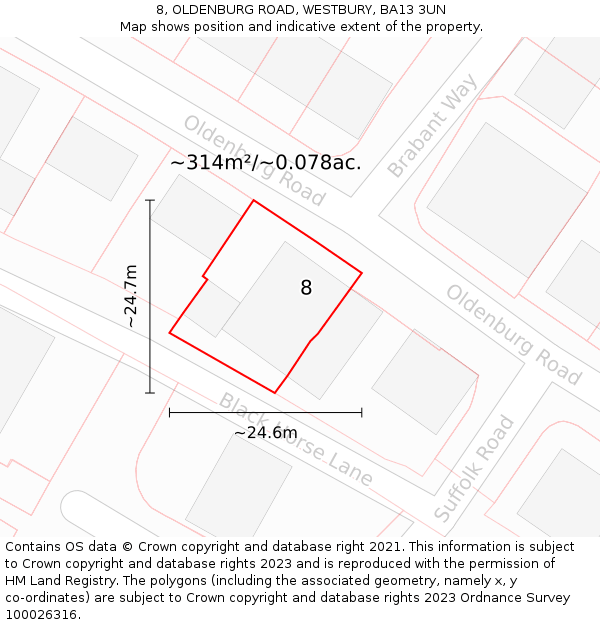 8, OLDENBURG ROAD, WESTBURY, BA13 3UN: Plot and title map