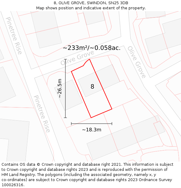 8, OLIVE GROVE, SWINDON, SN25 3DB: Plot and title map