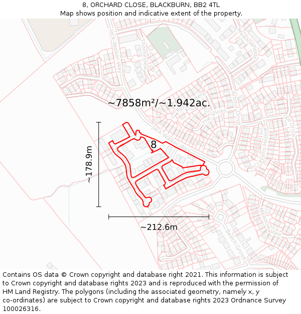 8, ORCHARD CLOSE, BLACKBURN, BB2 4TL: Plot and title map