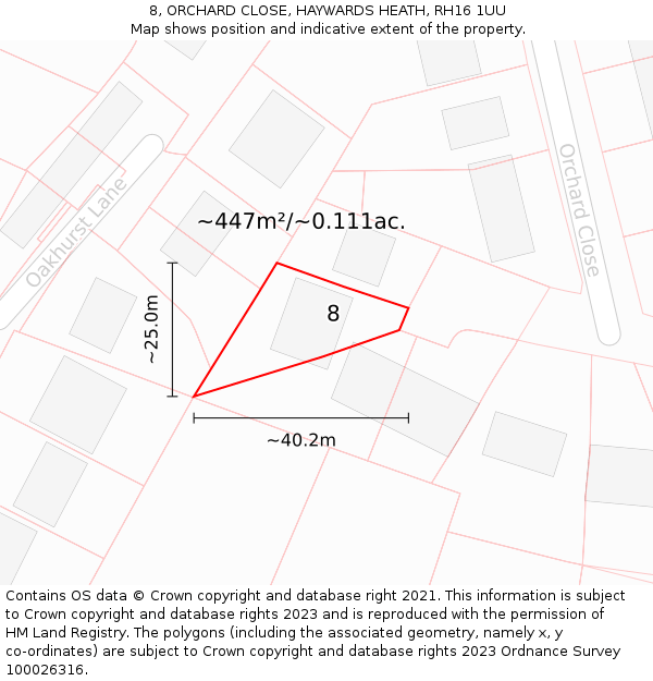 8, ORCHARD CLOSE, HAYWARDS HEATH, RH16 1UU: Plot and title map