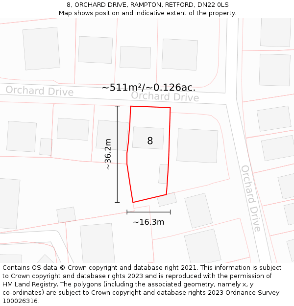 8, ORCHARD DRIVE, RAMPTON, RETFORD, DN22 0LS: Plot and title map