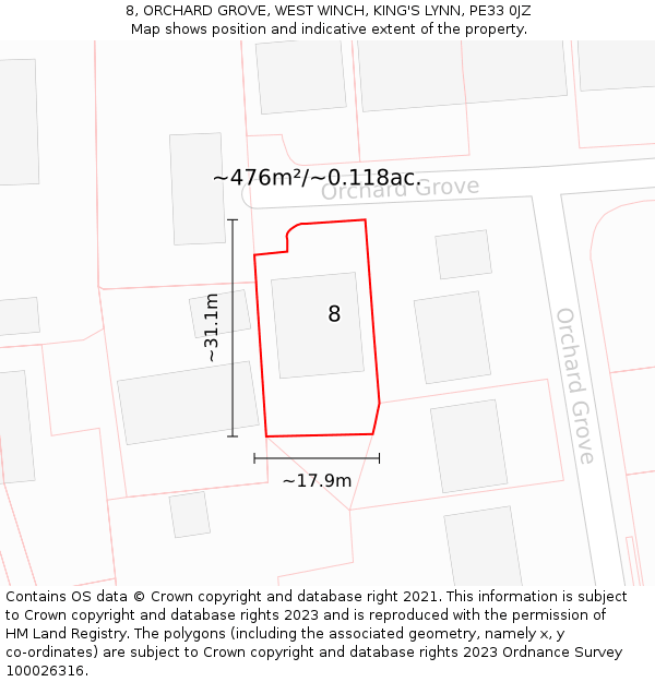 8, ORCHARD GROVE, WEST WINCH, KING'S LYNN, PE33 0JZ: Plot and title map