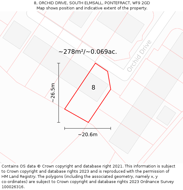 8, ORCHID DRIVE, SOUTH ELMSALL, PONTEFRACT, WF9 2GD: Plot and title map