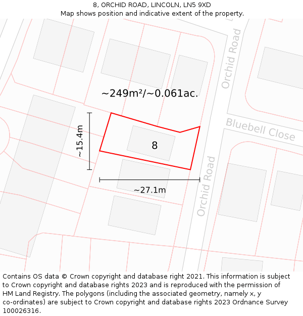 8, ORCHID ROAD, LINCOLN, LN5 9XD: Plot and title map