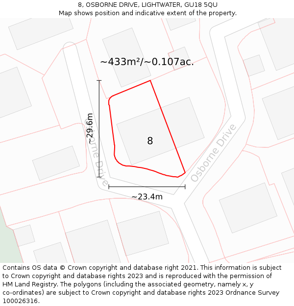 8, OSBORNE DRIVE, LIGHTWATER, GU18 5QU: Plot and title map