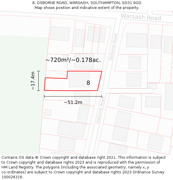8, OSBORNE ROAD, WARSASH, SOUTHAMPTON, SO31 9GG: Plot and title map