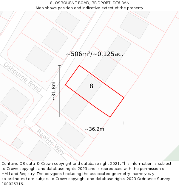 8, OSBOURNE ROAD, BRIDPORT, DT6 3AN: Plot and title map