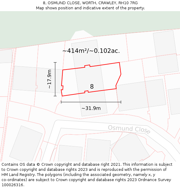8, OSMUND CLOSE, WORTH, CRAWLEY, RH10 7RG: Plot and title map