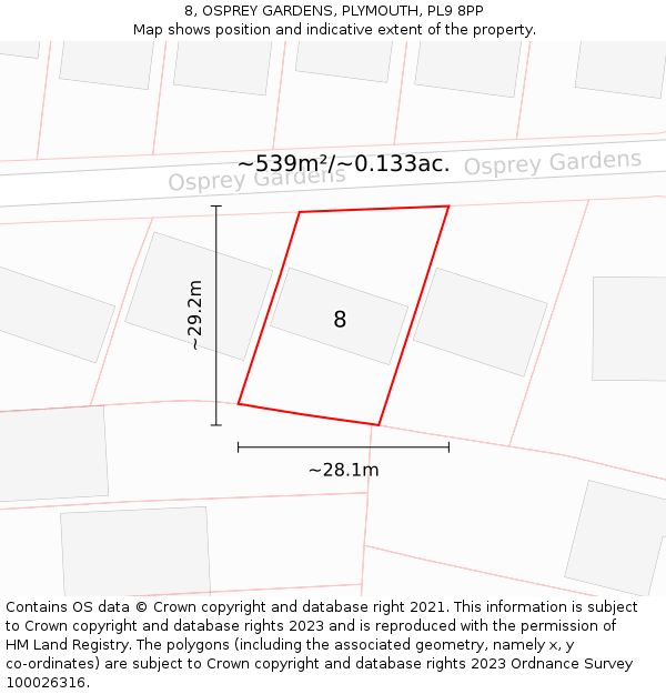 8, OSPREY GARDENS, PLYMOUTH, PL9 8PP: Plot and title map