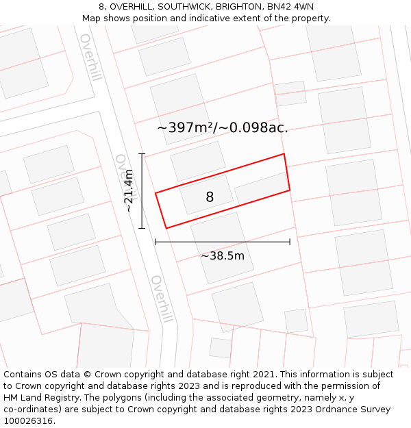 8, OVERHILL, SOUTHWICK, BRIGHTON, BN42 4WN: Plot and title map