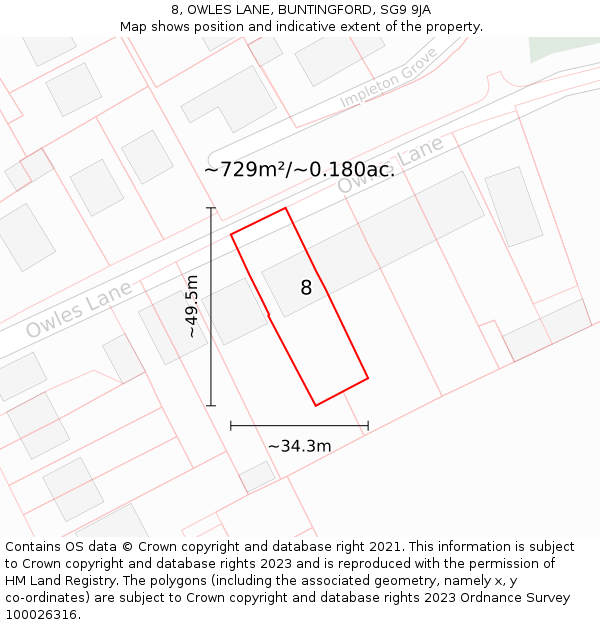 8, OWLES LANE, BUNTINGFORD, SG9 9JA: Plot and title map
