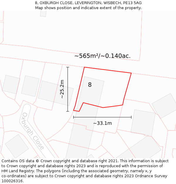 8, OXBURGH CLOSE, LEVERINGTON, WISBECH, PE13 5AG: Plot and title map