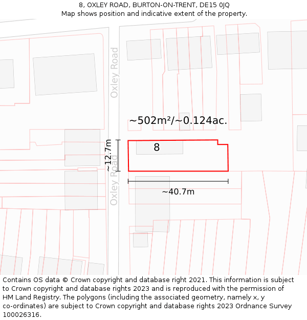 8, OXLEY ROAD, BURTON-ON-TRENT, DE15 0JQ: Plot and title map
