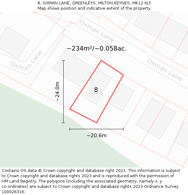 8, OXMAN LANE, GREENLEYS, MILTON KEYNES, MK12 6LF: Plot and title map