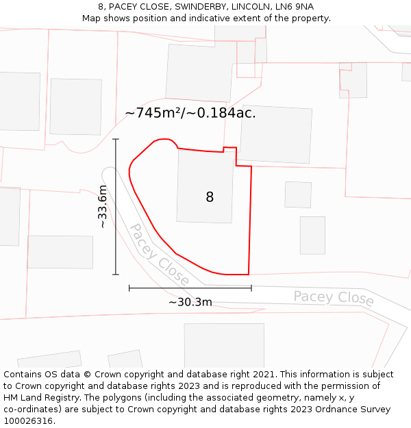 8, PACEY CLOSE, SWINDERBY, LINCOLN, LN6 9NA: Plot and title map