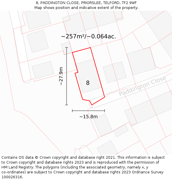 8, PADDINGTON CLOSE, PRIORSLEE, TELFORD, TF2 9WF: Plot and title map