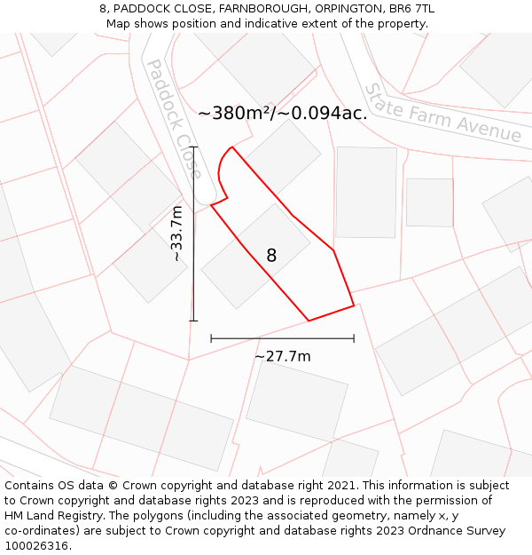 8, PADDOCK CLOSE, FARNBOROUGH, ORPINGTON, BR6 7TL: Plot and title map