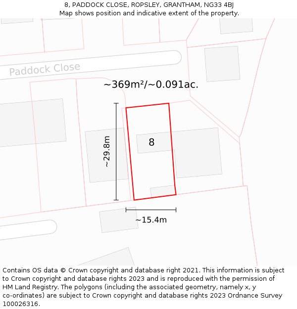 8, PADDOCK CLOSE, ROPSLEY, GRANTHAM, NG33 4BJ: Plot and title map