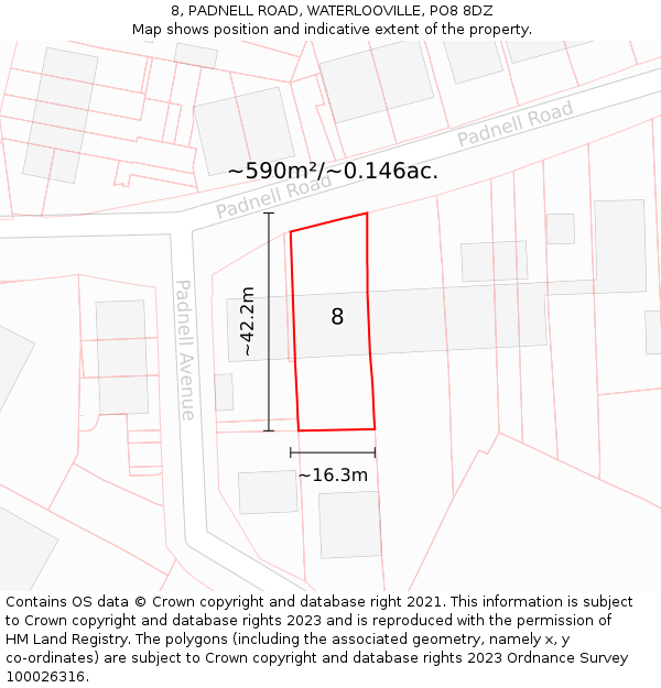 8, PADNELL ROAD, WATERLOOVILLE, PO8 8DZ: Plot and title map