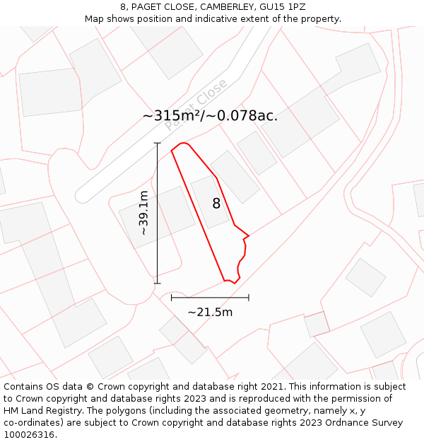 8, PAGET CLOSE, CAMBERLEY, GU15 1PZ: Plot and title map