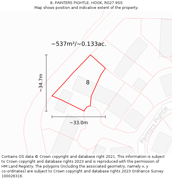 8, PAINTERS PIGHTLE, HOOK, RG27 9SS: Plot and title map