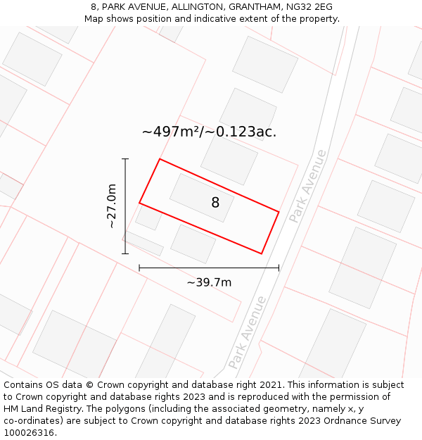 8, PARK AVENUE, ALLINGTON, GRANTHAM, NG32 2EG: Plot and title map