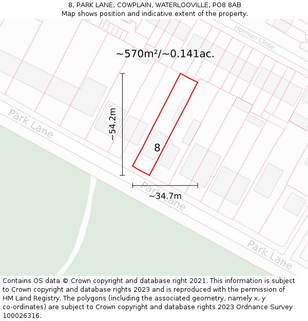 8, PARK LANE, COWPLAIN, WATERLOOVILLE, PO8 8AB: Plot and title map