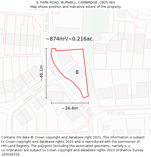 8, PARK ROAD, BURWELL, CAMBRIDGE, CB25 0ES: Plot and title map