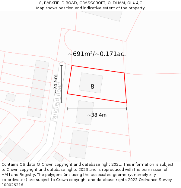 8, PARKFIELD ROAD, GRASSCROFT, OLDHAM, OL4 4JG: Plot and title map