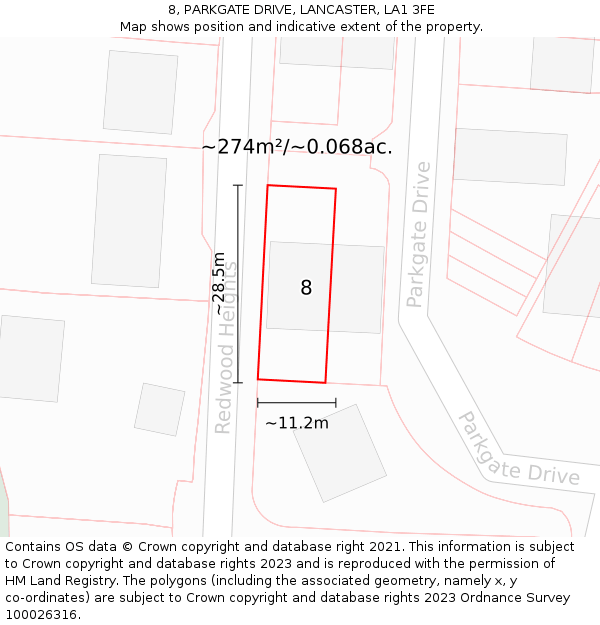 8, PARKGATE DRIVE, LANCASTER, LA1 3FE: Plot and title map