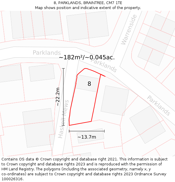 8, PARKLANDS, BRAINTREE, CM7 1TE: Plot and title map