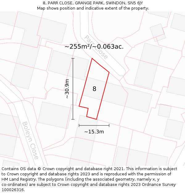 8, PARR CLOSE, GRANGE PARK, SWINDON, SN5 6JY: Plot and title map