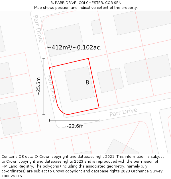 8, PARR DRIVE, COLCHESTER, CO3 9EN: Plot and title map