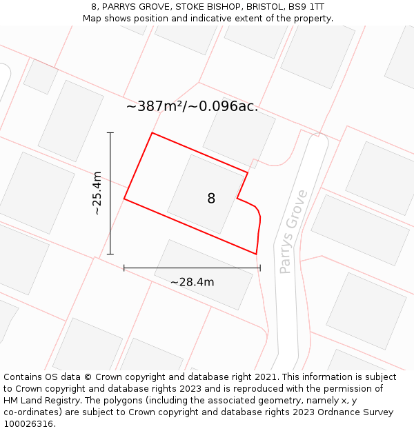 8, PARRYS GROVE, STOKE BISHOP, BRISTOL, BS9 1TT: Plot and title map