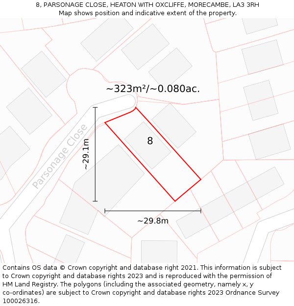 8, PARSONAGE CLOSE, HEATON WITH OXCLIFFE, MORECAMBE, LA3 3RH: Plot and title map