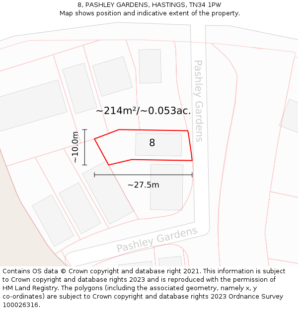 8, PASHLEY GARDENS, HASTINGS, TN34 1PW: Plot and title map