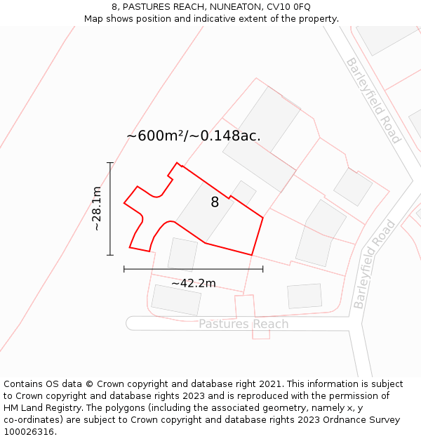 8, PASTURES REACH, NUNEATON, CV10 0FQ: Plot and title map