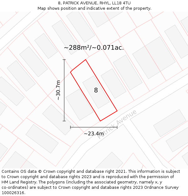 8, PATRICK AVENUE, RHYL, LL18 4TU: Plot and title map