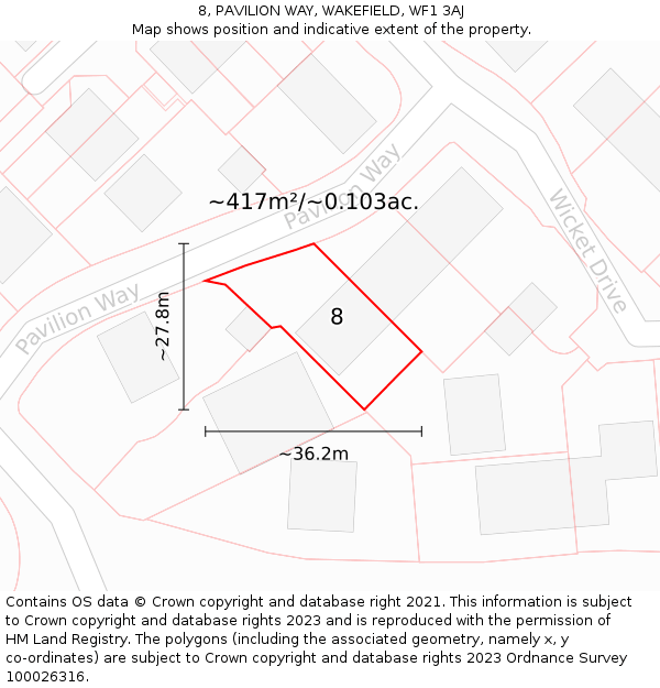 8, PAVILION WAY, WAKEFIELD, WF1 3AJ: Plot and title map