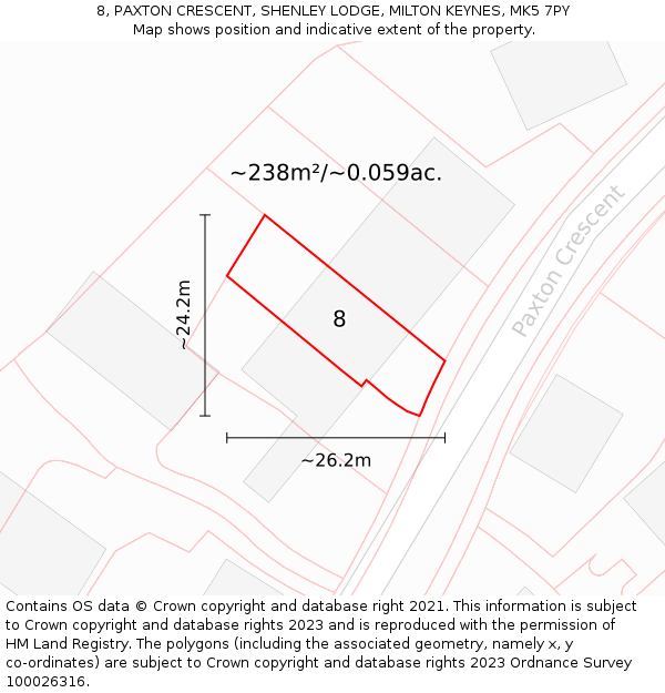 8, PAXTON CRESCENT, SHENLEY LODGE, MILTON KEYNES, MK5 7PY: Plot and title map