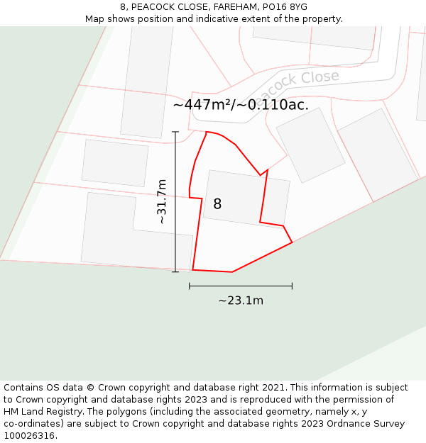 8, PEACOCK CLOSE, FAREHAM, PO16 8YG: Plot and title map