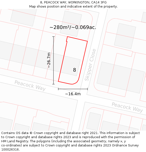 8, PEACOCK WAY, WORKINGTON, CA14 3FG: Plot and title map