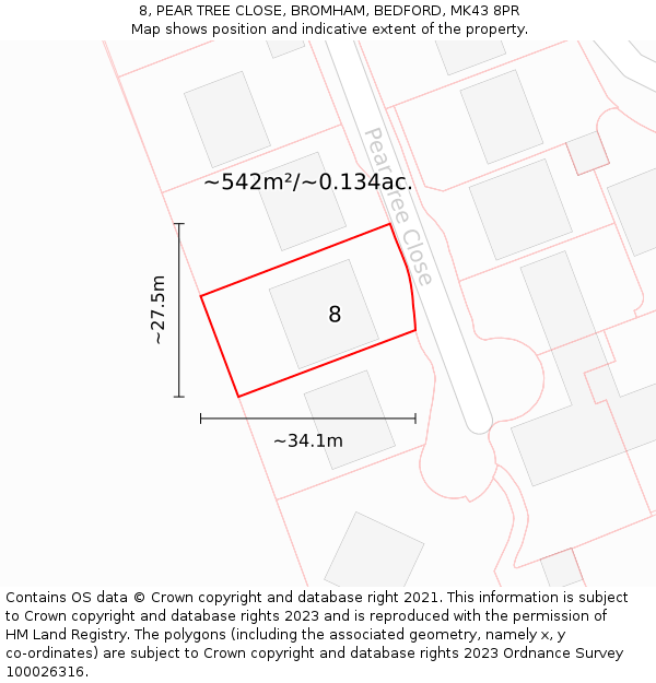 8, PEAR TREE CLOSE, BROMHAM, BEDFORD, MK43 8PR: Plot and title map